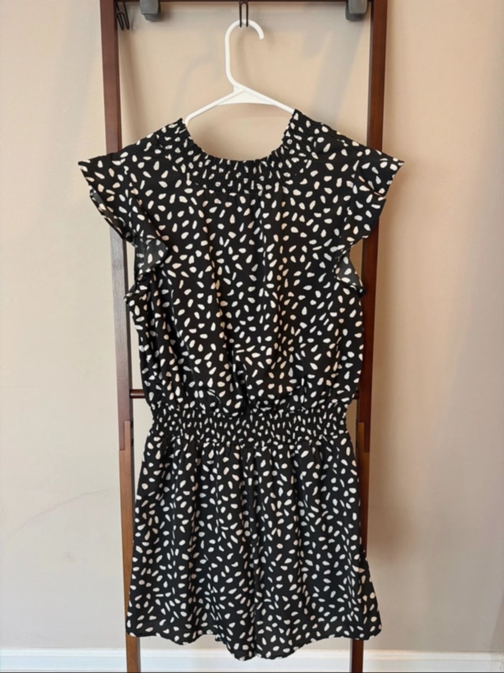 Black & White Polka Leaf Smocked-Waist Romper